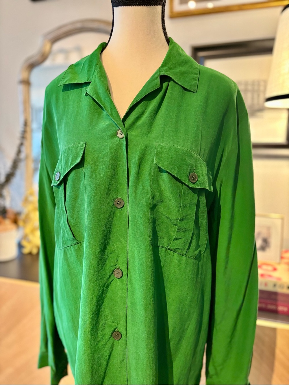 100% Silk PRINCIPLES Vintage Emerald Green Button-Up Shirt Medium - Picture 8 of 12